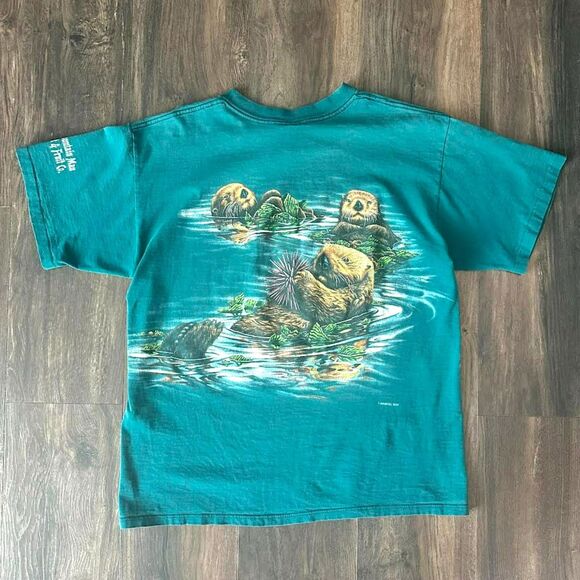 Vtg 1994 Otters Habitat Graphic Wraparound Teal Shirt Men's Large Single Stitch - Picture 2 of 7